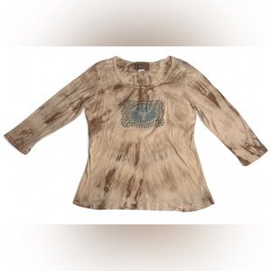 Don’t Mess With Texas Bedazzled Longhorn Tan Tie Dye 3/4 Sleeve Top Sz L Western